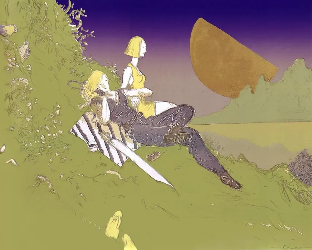 Final Fantasy VII art from Amano, featuring Squall and Selphie lounging on a hill.