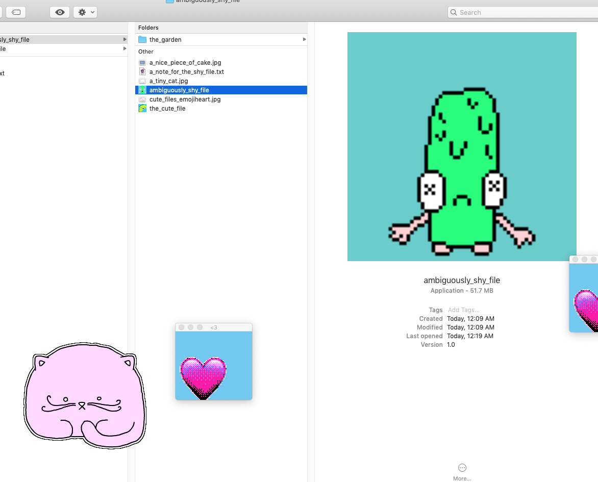 A screen from Nathalie Lawhead's A_DESKTOP_LOVE_STORY featuring two sprites of a pink cat and a sentient pickle flirting via computer files.