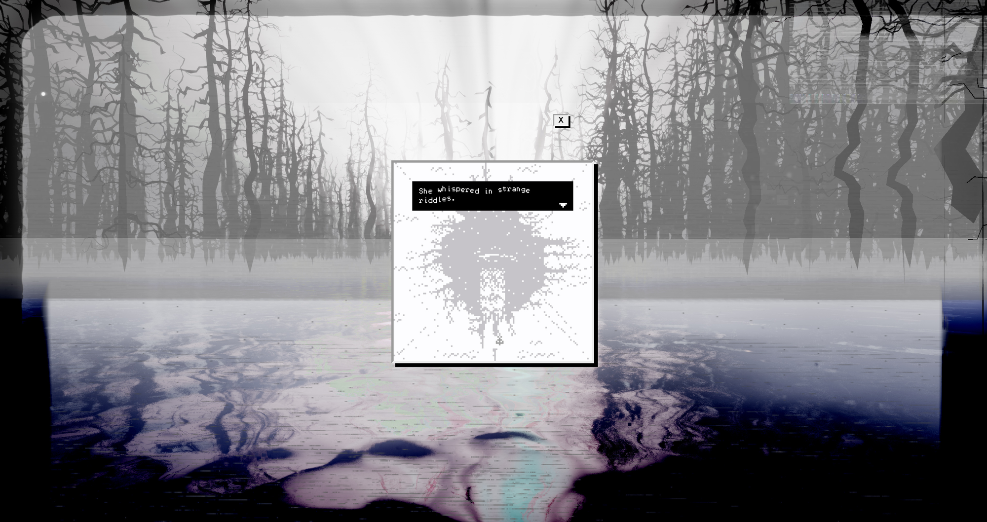 A screen from Lawhead's Blue Suburbia. There's surrealistic imagery of barren woods and a lake with a small glitched pop-up window that says "She whispered in strange riddles."