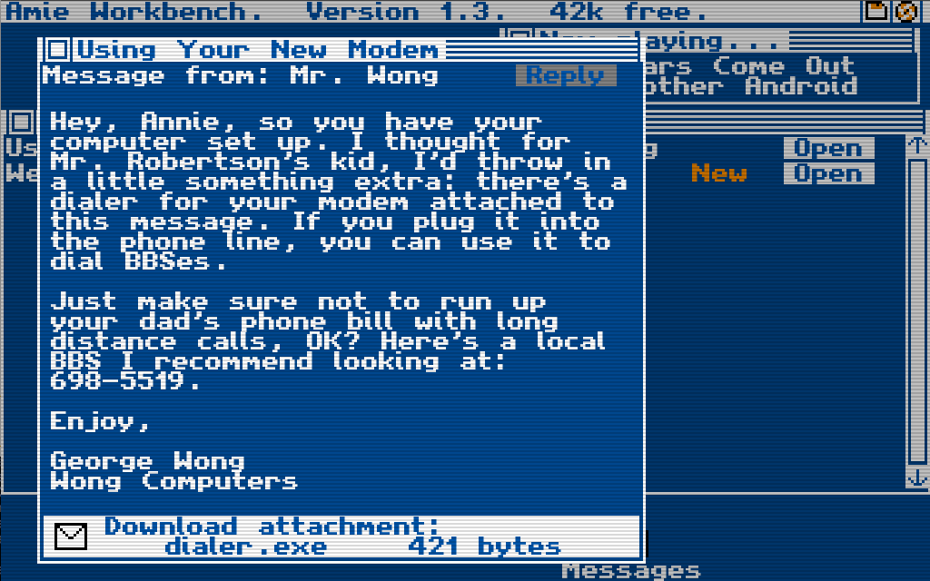 A screen from Christine Love's Digital: A Love Story featuring a screen mimicking the style of early internet displays and a blue and white BBS interface. There's a message from someone featured to the player-character about how to use their modem.