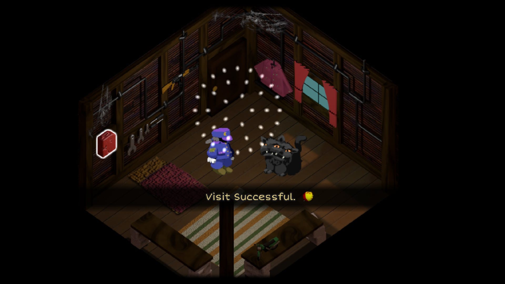 Home stands in the shed where he lives, speaking with a two-headed cat moon. The screen displays the text, "Visit Successful."
