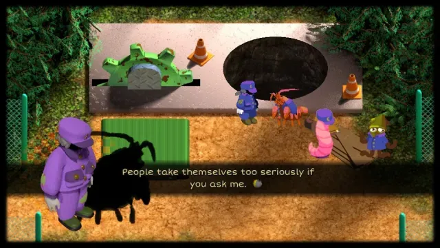 Moon is speaking with a lobster mon in front of a big hole in the middle of a jungle. He says, "People take themselves too seriously if you ask me."