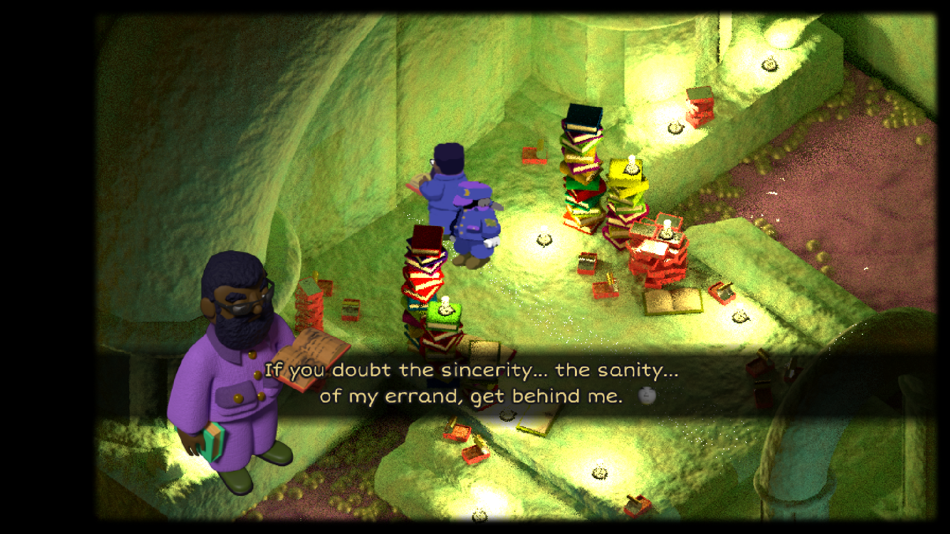 Moon speaks with a dark-skinned man holding an open book in his hand. They are standing in a temple-like environment cluttered with candles and books. The man says, "If you doubt the sincerity... the sanity... of my errand, get behind me."