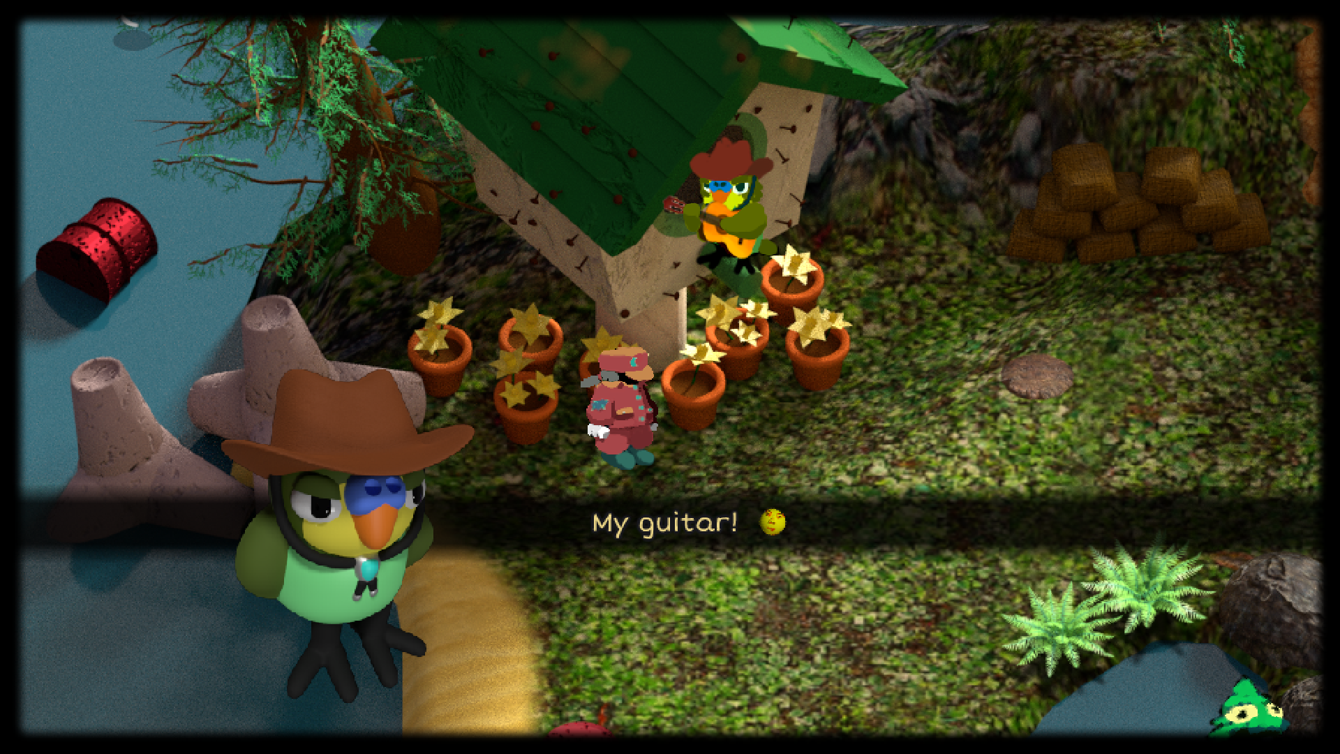 A bird wearing a cowboy hat in a tree house says "My guitar!" to Home.