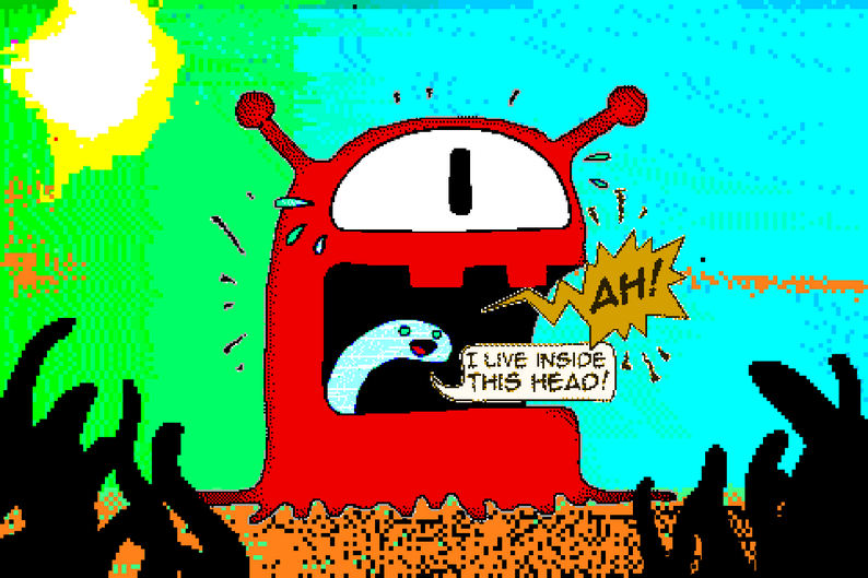 A screen from Lawhead's zine EVERYTHING IS GOING TO BE OKAY. It depicts a screaming cyclops with a worm in its head.