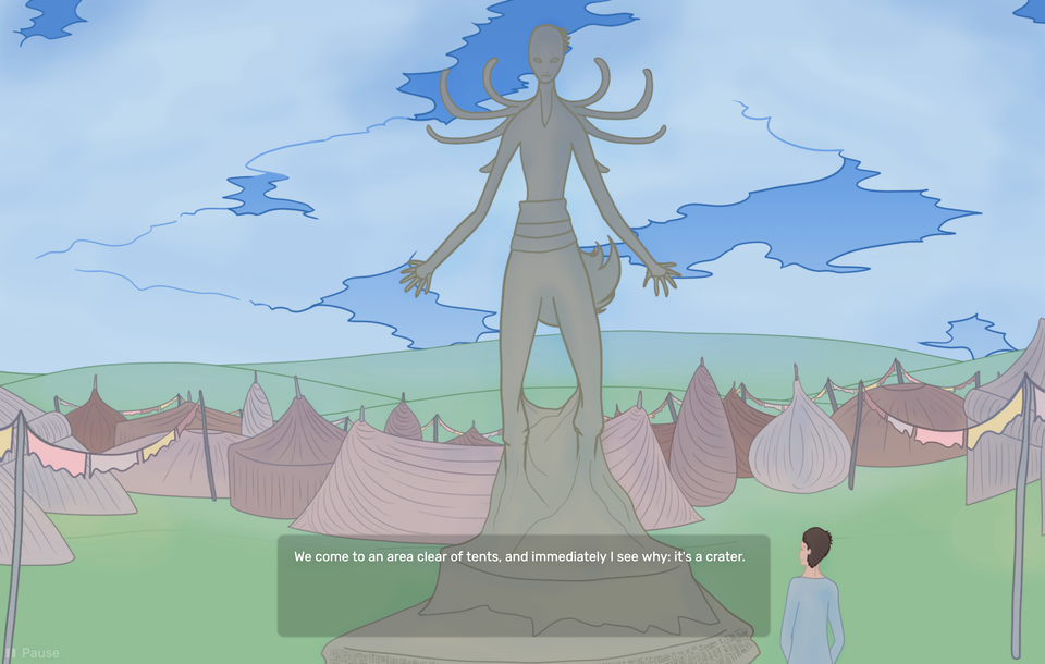 A screenshot from The Traveller. There is a statue of an alien in a tent settlement. The text reads "We come to an area clear of tents, and immediately I see why: it's a crater."